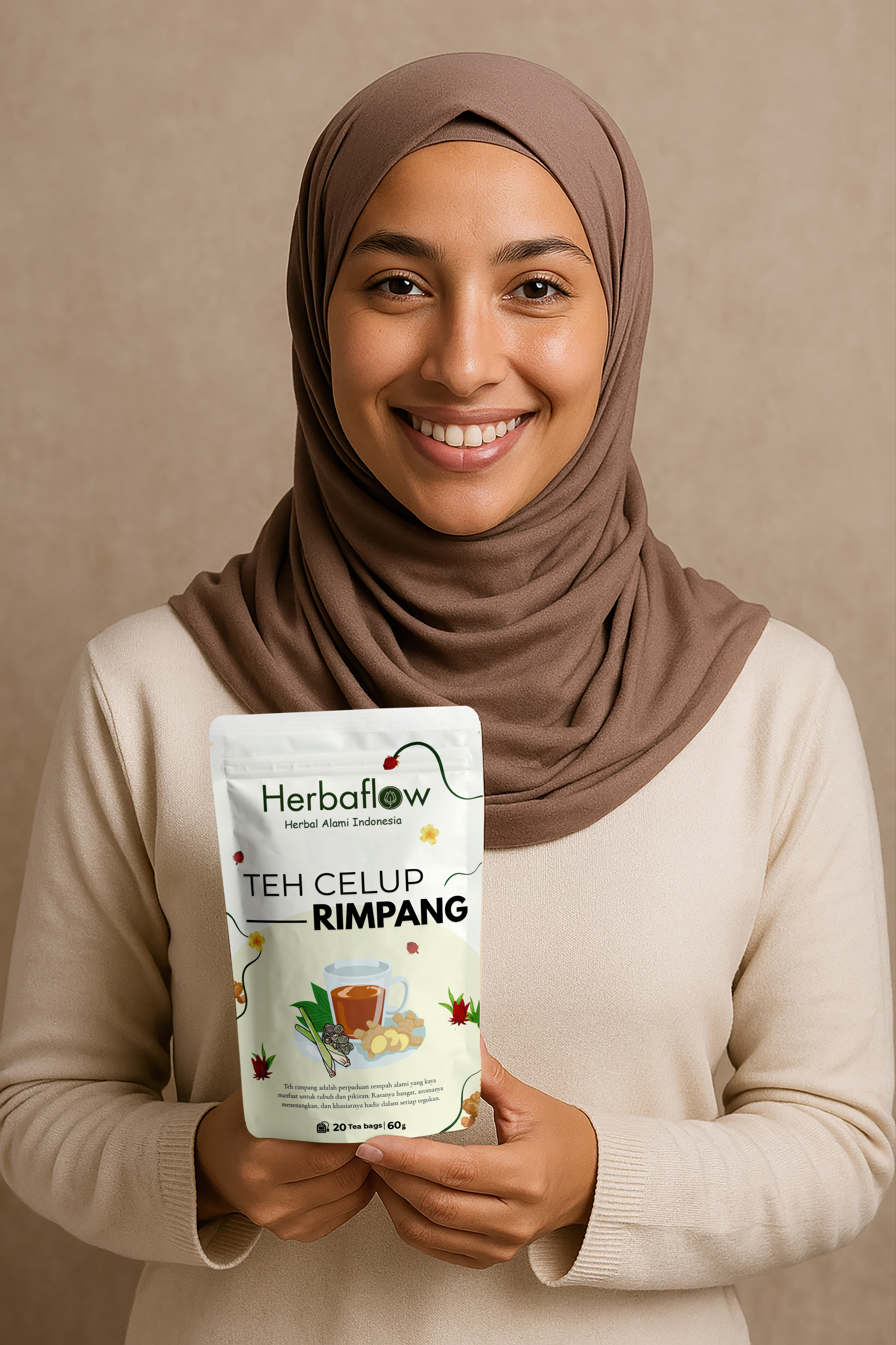 Model dengan Teh Rimpang Herbaflow
